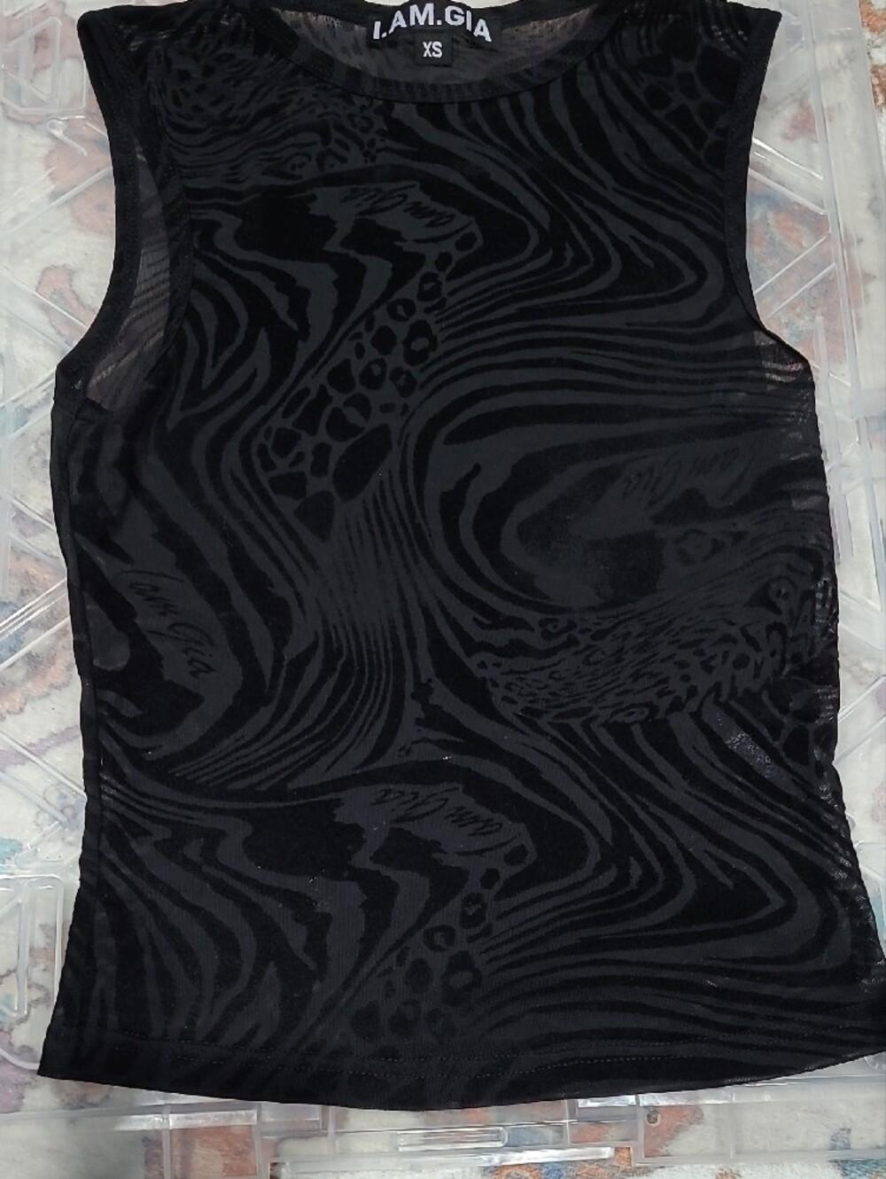 I.AM.GIA Black Sheer Swirl Mock Neck Crop Tank - Picture 2 of 6
